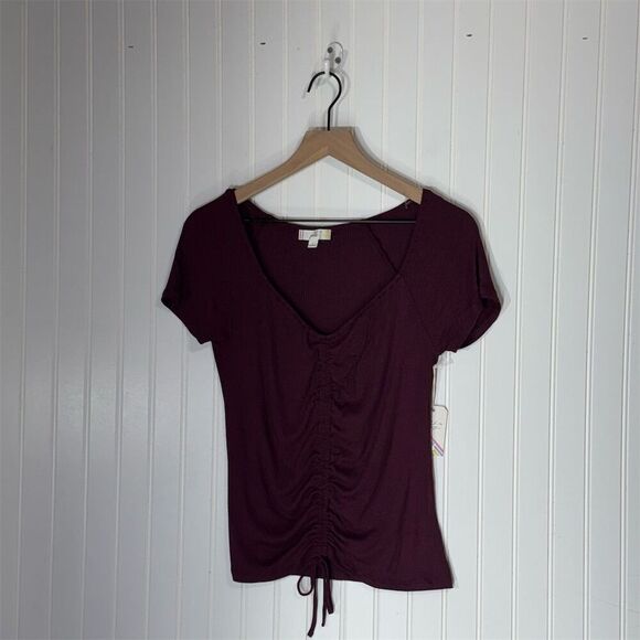 Glitz L burgundy ribbed ruched crop top Y2K stretchy grunge fairycore tee NWT - Picture 1 of 8